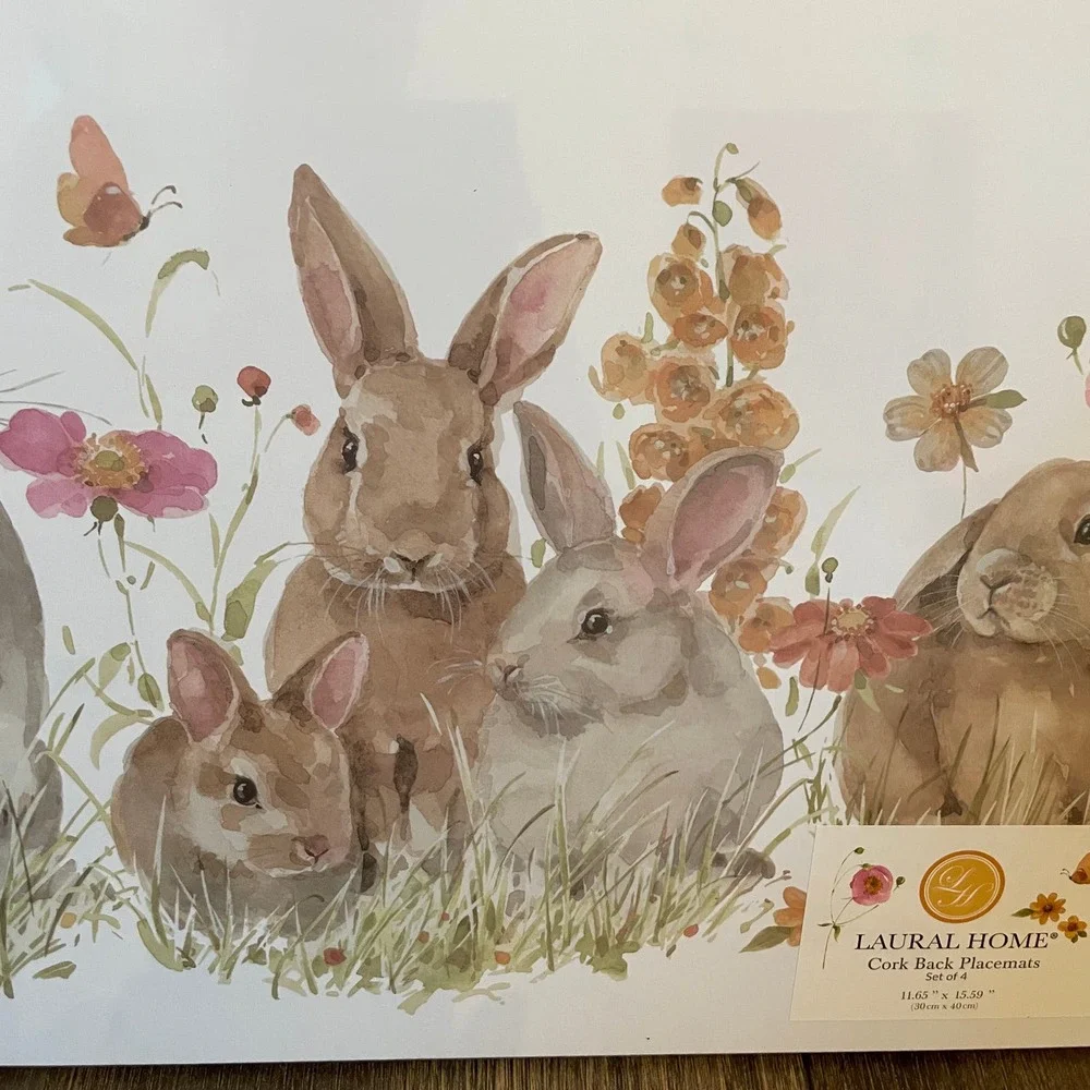 LAUREL HOME Floral Garden EASTER Bunny Cork Back Placemats 11x15 Set of 4 NEW